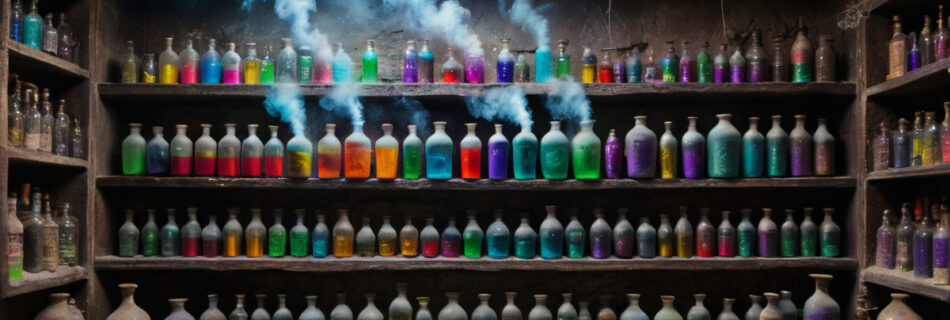 Brightly coloured potions in glass bottles sitting on old dusty shelves
