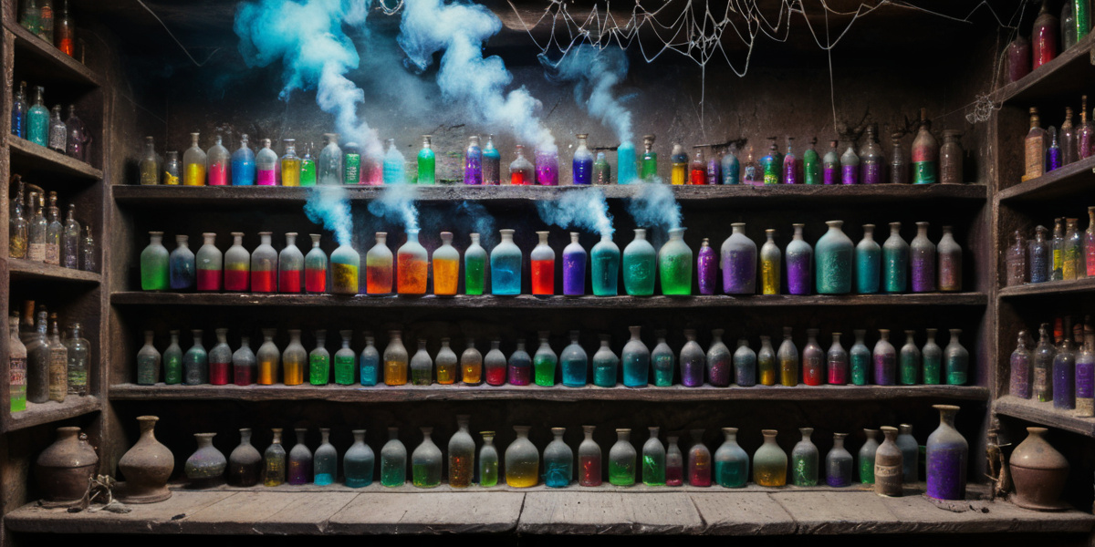Brightly coloured potions in glass bottles sitting on old dusty shelves